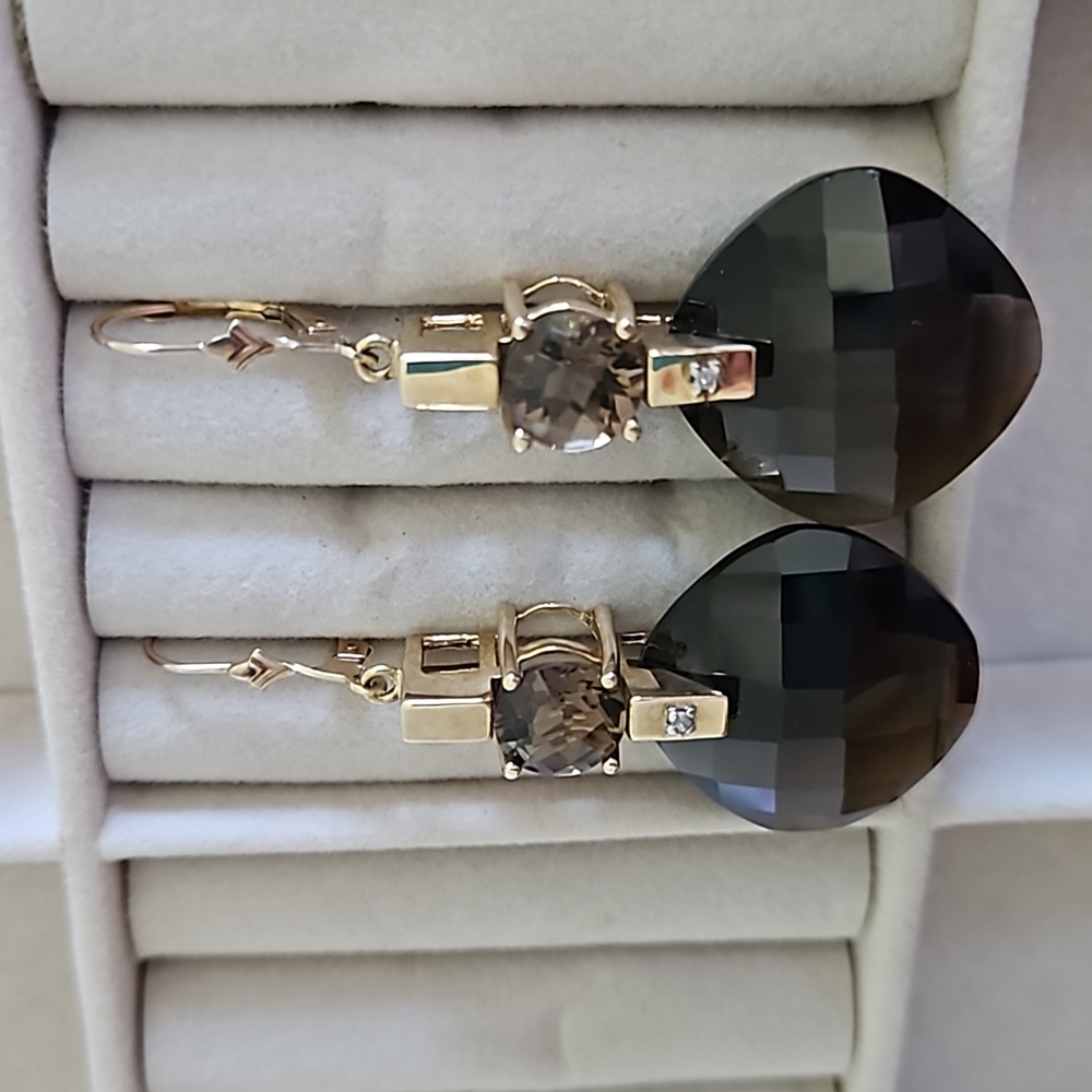 Vintage Smokey Topaz Diamond Accent Gold Drop Earrings - Picture 2 of 8